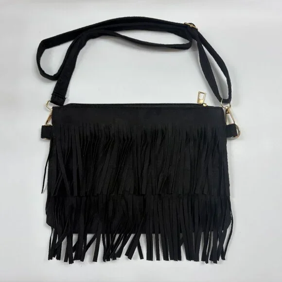 Boho Chic Fringe/ Two Tiered Tassel Shoulder/ Crossbody Bag/ Purse - Black - NWT - Picture 4 of 8